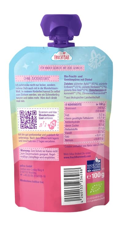 FruchtBar organic fruit puree Wundertraum with strawberry, raspberry, spelt, beetroot