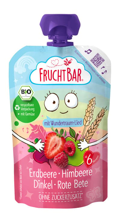 FruchtBar organic fruit puree Wundertraum with strawberry, raspberry, spelt, beetroot