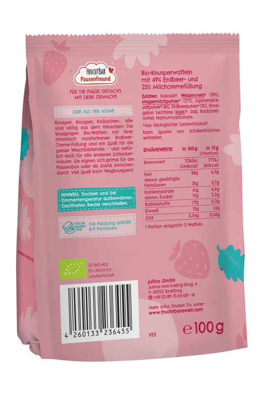 FruchtBar Pausenfreund organic strawberry waffles strawberry, milk cream