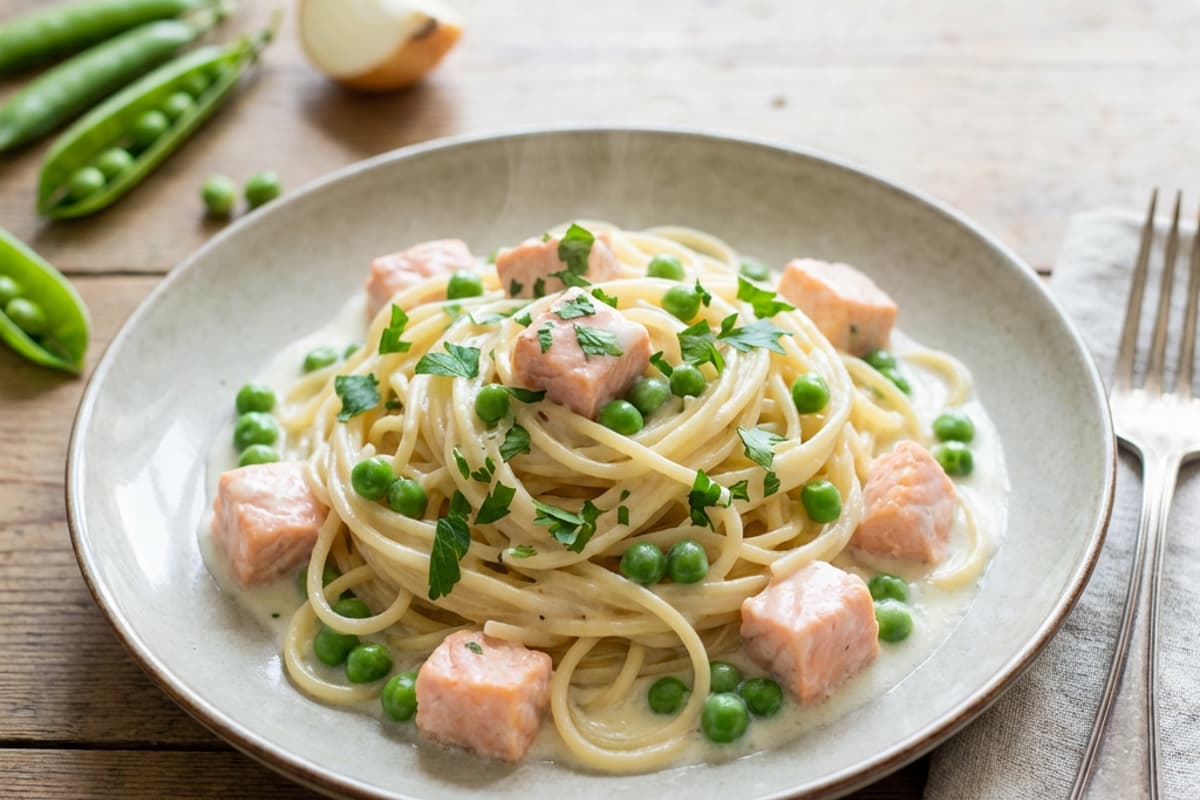 Cremige Pasta mit Lachs und Erbsen