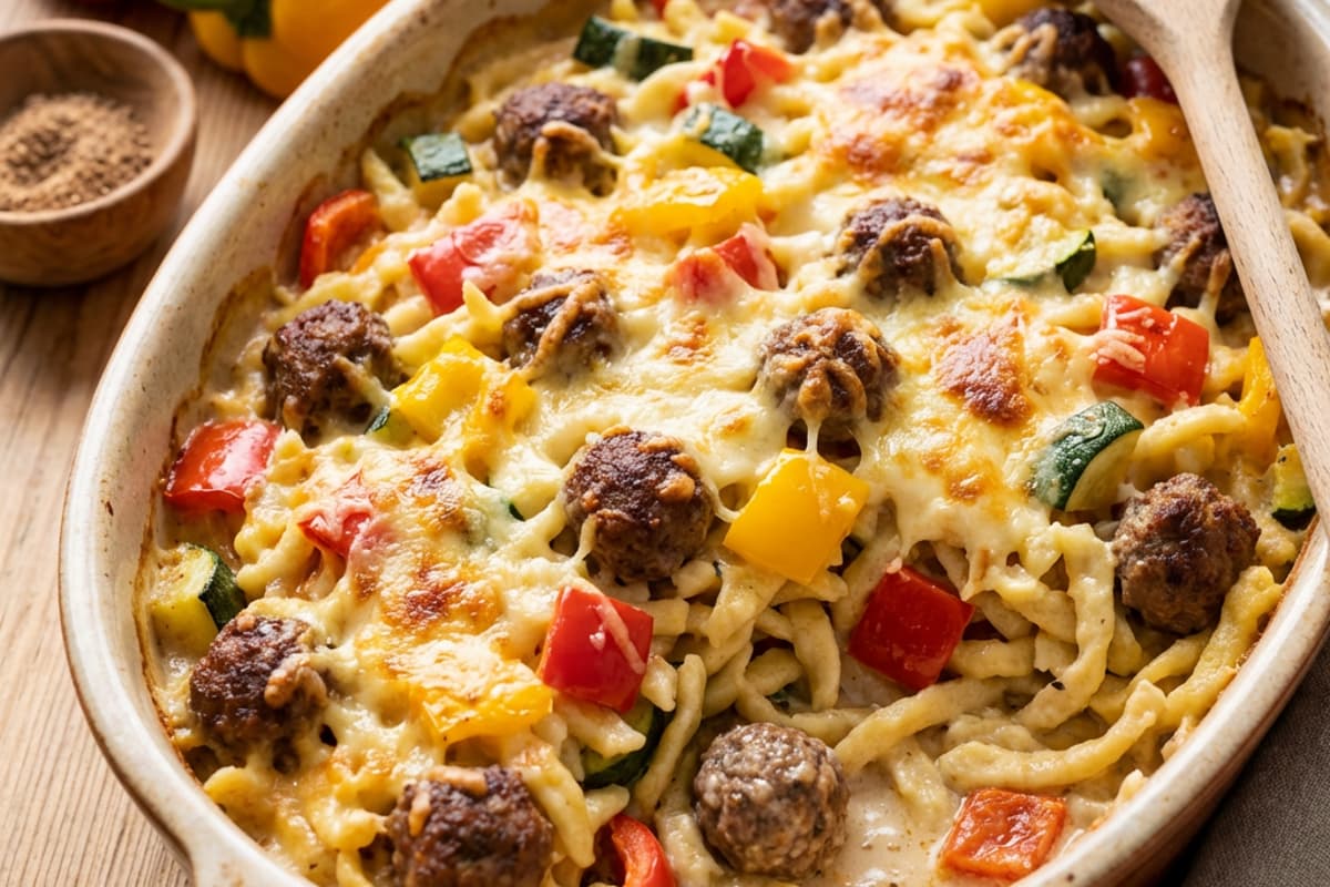 One-Blech-Spätzle mit Fleischbällchen