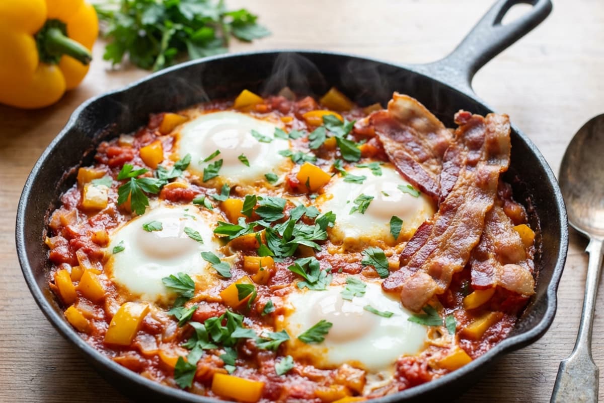 Tomaten-Paprika Pfanne mit Ei und Bacon