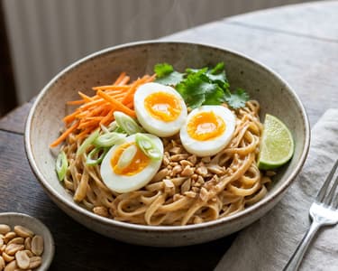 Asiatische Nudeln mit Erdnusssauce und Gemüse