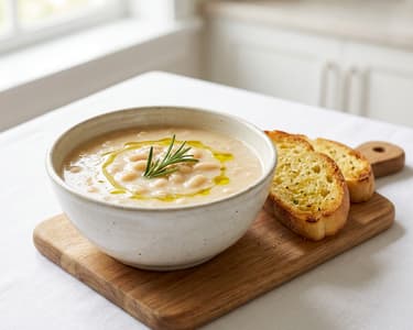 Weiße Bohnensuppe mit Parmesan und Knoblauch-Ciabatta
