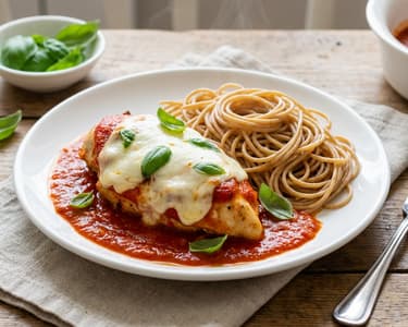 Überbackene Hähnchenbrust mit Mozzarella in Tomatensauce