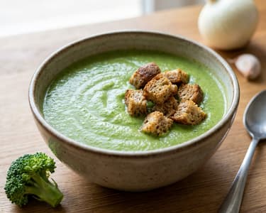 Cremige Brokkolisuppe mit Vollkorn-Croutons