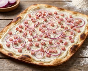 Klassischer Elsässer Flammkuchen mit Speck & Zwiebeln