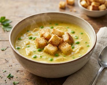 Hähnchen-Curry-Suppe mit Erbsen & Croutons