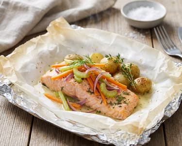 Lachs en papillote mit feinem Gemüse