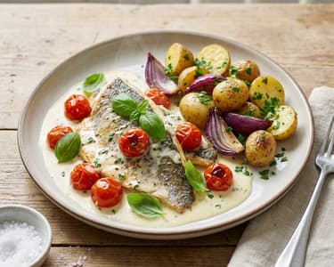 Goldbrasse mit Tomaten und Röstkartoffeln