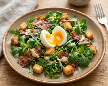Salat mit pochiertem Ei und knusprigem Speck