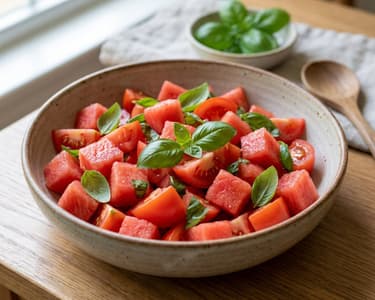 Tomaten-Wassermelonen-Salat mit Basilikum