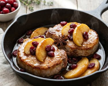 Schweinekoteletts mit Äpfeln und Preiselbeeren