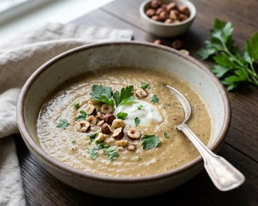 Geröstete Auberginensuppe mit Haselnüssen