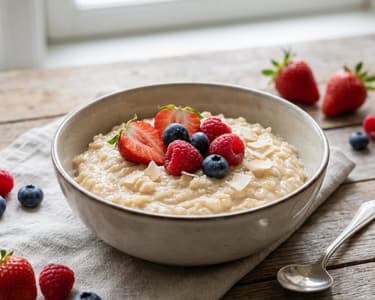 Rice cooked in coconut milk with fresh fruits