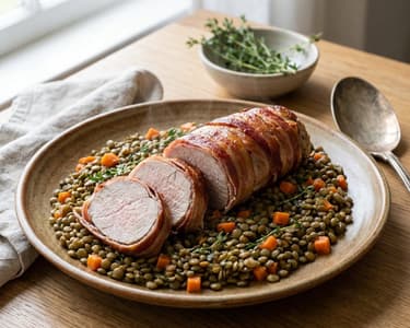Schweinefilet im Pancetta-Mantel mit grünen Linsen
