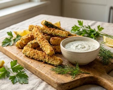 Knusprige Zucchini-Pommes mit Kräuter-Dip