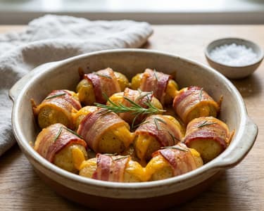Potatoes wrapped in bacon with Cheddar and rosemary