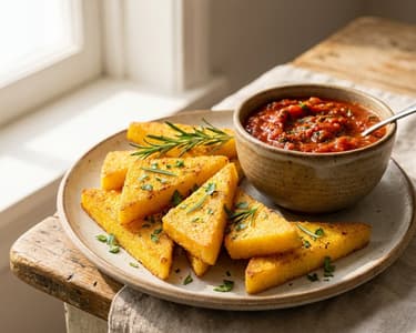 Knusprige Polenta-Ecken mit Tomatendip