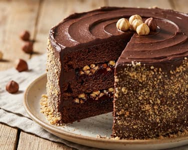 Chocolate Honey Cake with Plum Jam and Hazelnuts