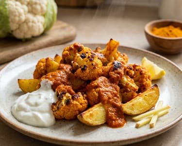 Gerösteter Tandoori-Blumenkohl mit Kartoffelspalten