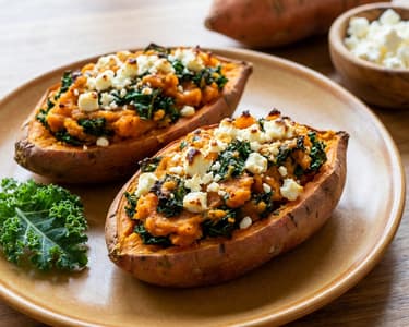 Gebackene Süßkartoffeln mit Grünkohl und Feta