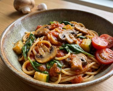 One-Pot-Pasta mit Champignons und Tomaten | Vegan & Schnell