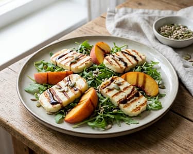 Salat mit gegrilltem Halloumi und Pfirsich