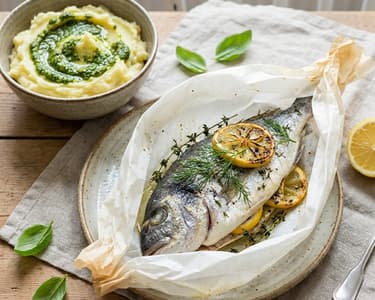 Goldbrasse in der Papillote mit Pesto-Kartoffelstampf