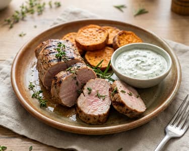 Gegrilltes Schweinefilet mit Süßkartoffeln und Dip