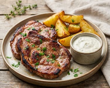 Grilled Pork Neck with Roasted Potatoes and Garlic Dip