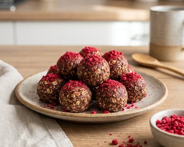 Haferflocken-Bällchen mit Kakao und Himbeeren