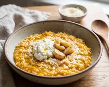 Kürbis-Risotto mit geröstetem Knoblauch und Ricotta