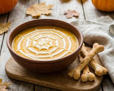 Halloween-Kürbissuppe mit Brot-Knochen