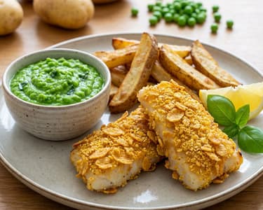 Gesundes Fish and Chips mit Erbsenpüree