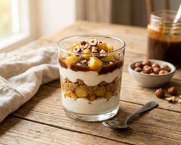 Quark-Dessert mit gerösteten Äpfeln und Dattelkaramell