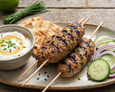 Putenhackfleisch-Spieße mit Limetten-Joghurt-Dip
