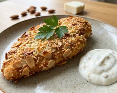 Hähnchenschnitzel mit Mandel-Halloumi-Kruste
