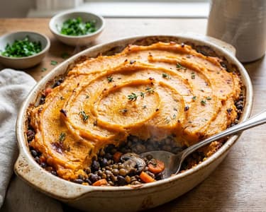 Vegetarischer Shepherd's Pie mit Süßkartoffelhaube