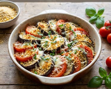 Gebackene Aubergine mit Tomaten und Parmesan-Bröseln