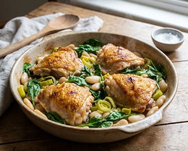 Hähnchen mit Lauch, Riesenbohnen und Spinat
