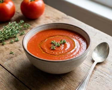 Tomatensuppe mit frischen Tomaten und Thymian