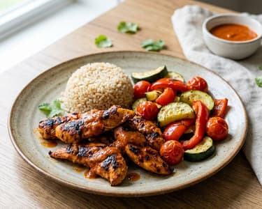 Hähnchen Piri Piri mit Vollkornreis und Röstgemüse