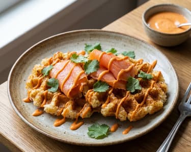 Knusprige Reiswaffeln mit Lachs & Sriracha-Mayo