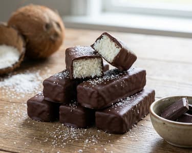 Hausgemachte Kokosriegel mit Zartbitterschokolade