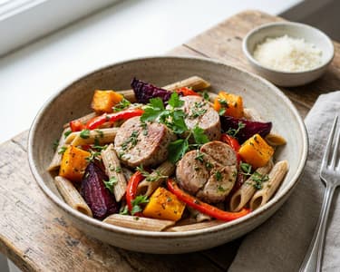 Vollkornpasta mit Schweinefilet und Röstgemüse