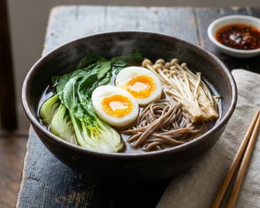 Asiatische Soba-Nudelsuppe mit Ei und Enoki-Pilzen