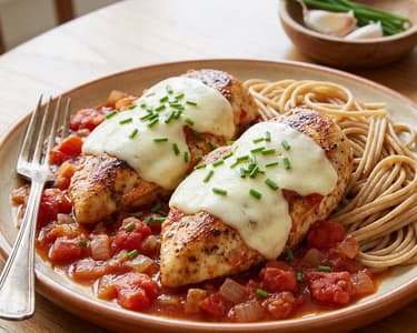 Hähnchenbrust in Tomatensauce mit Mozzarella überbacken