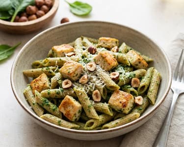 Vollkornpasta mit Hähnchen und Spinatpesto