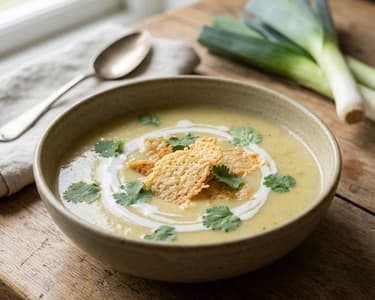 Cremige Lauchsuppe mit Kokosmilch und Parmesan-Chips